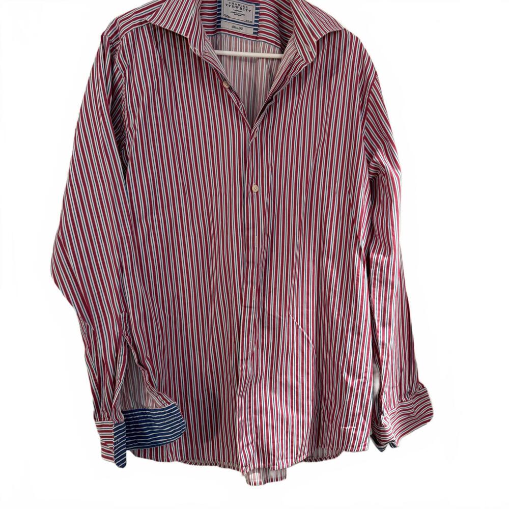 CHARLES TYRWHITT Mens 16 1/2 Slim Fit Pink/White/Blue Striped Long Sleeve Shirt